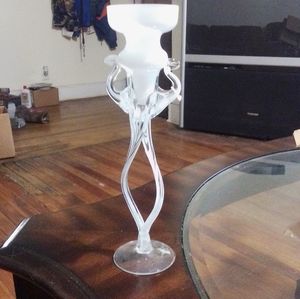 Old Candle Holder White & Clear Glass Slim candle 10 inch Hand made detail